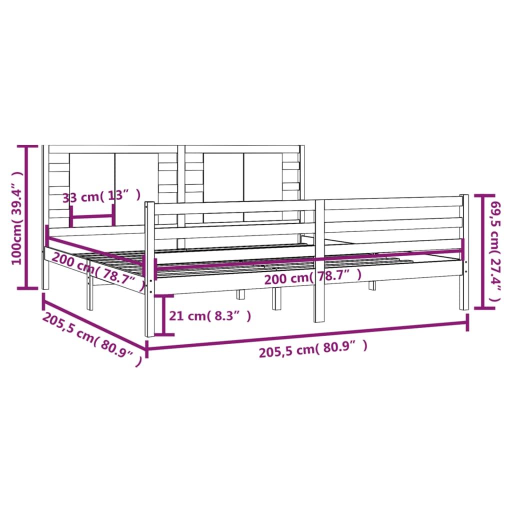 Sängram grå massiv furu 200x200 cm