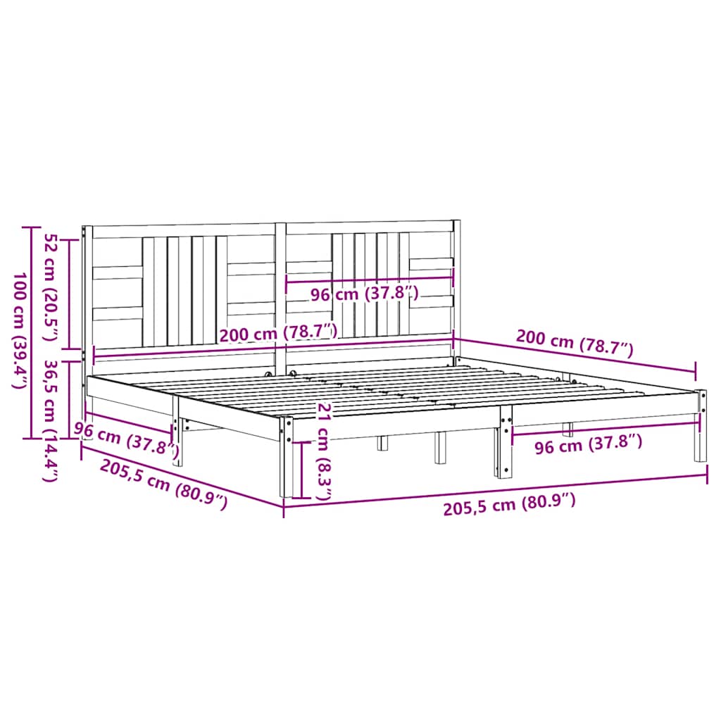 Sängram grå massivt trä 200x200 cm