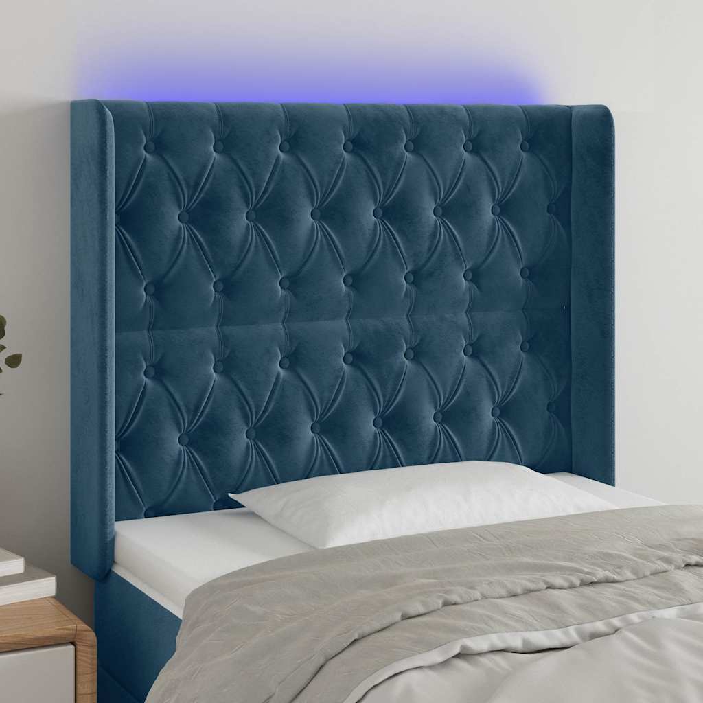 Sänggavel LED mörkblå 93x16x118/128 cm sammet