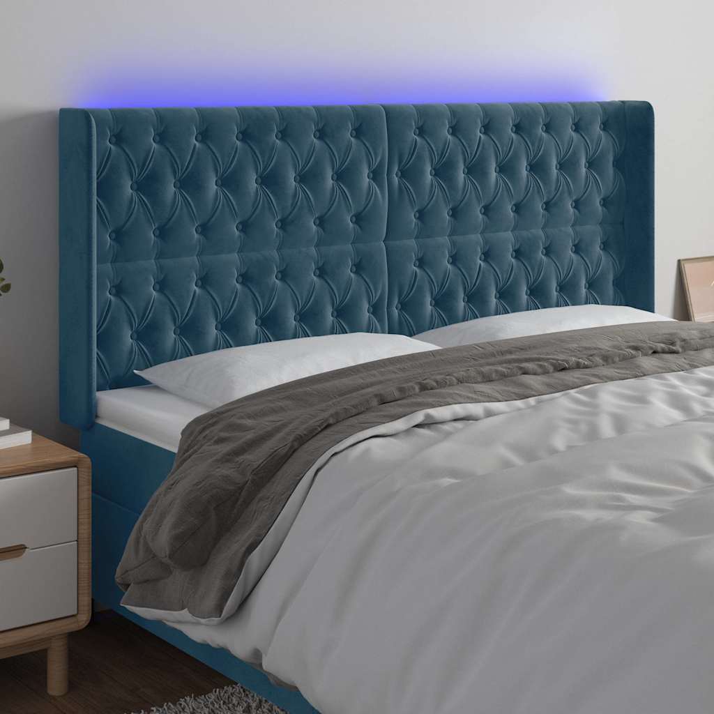 Sänggavel LED mörkblå 183x16x118/128 cm sammet