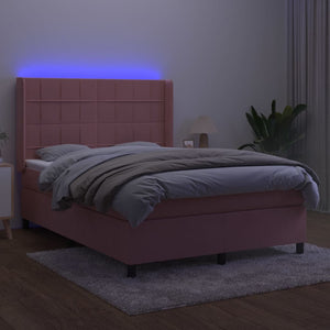 Ramsäng med madrass rosa & LED 140x190 cm sammet