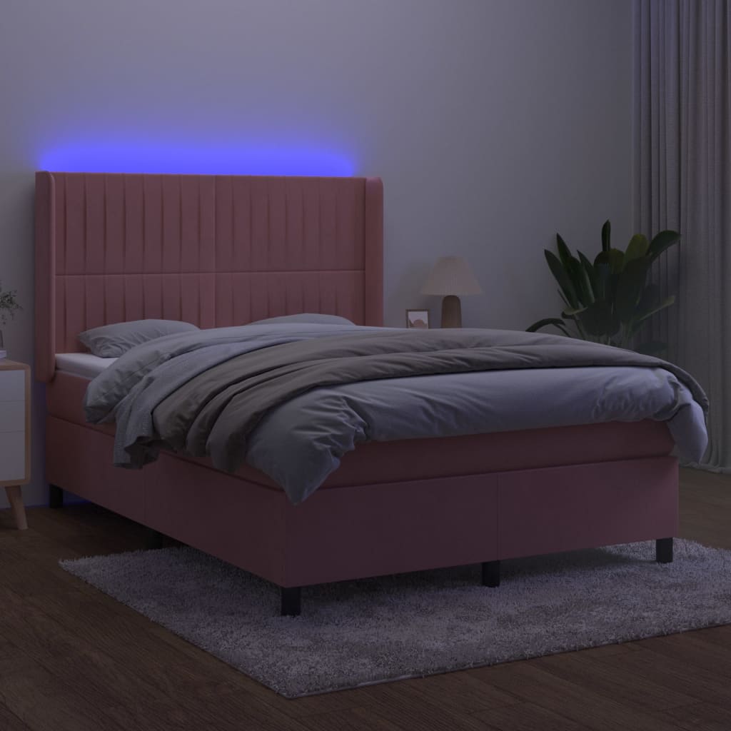Ramsäng med madrass rosa & LED 140x190 cm sammet