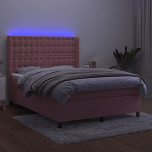 Ramsäng med madrass rosa & LED 140x190 cm sammet