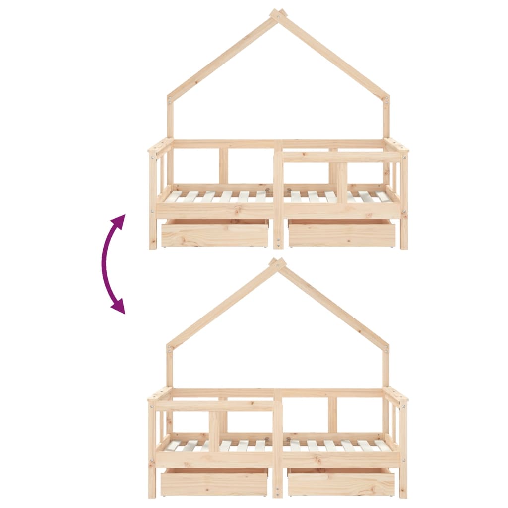 Sängram för barnsäng m. lådor 70x140 cm massiv furu