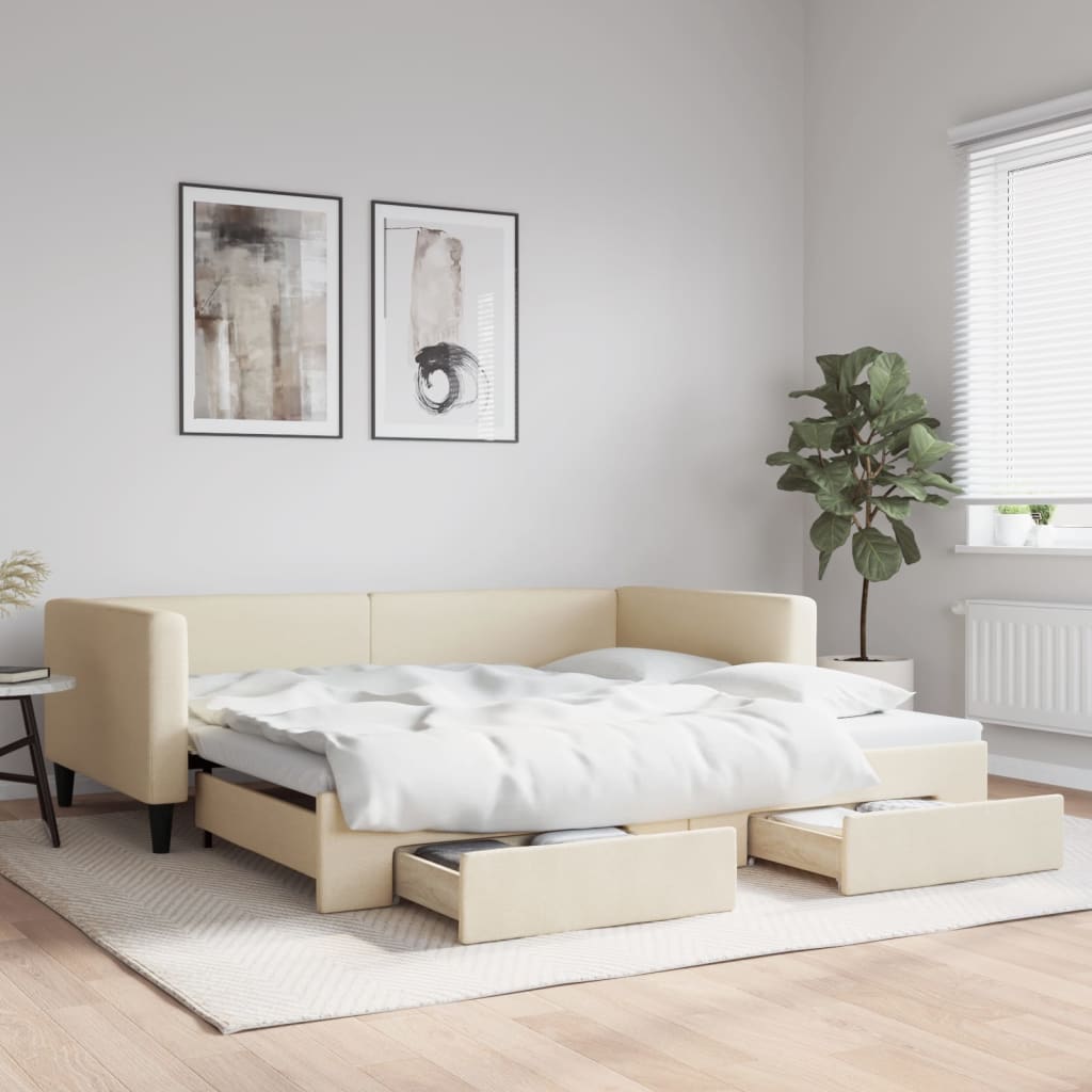 Dagbädd utdragbar med lådor gräddvit 100x200 cm tyg