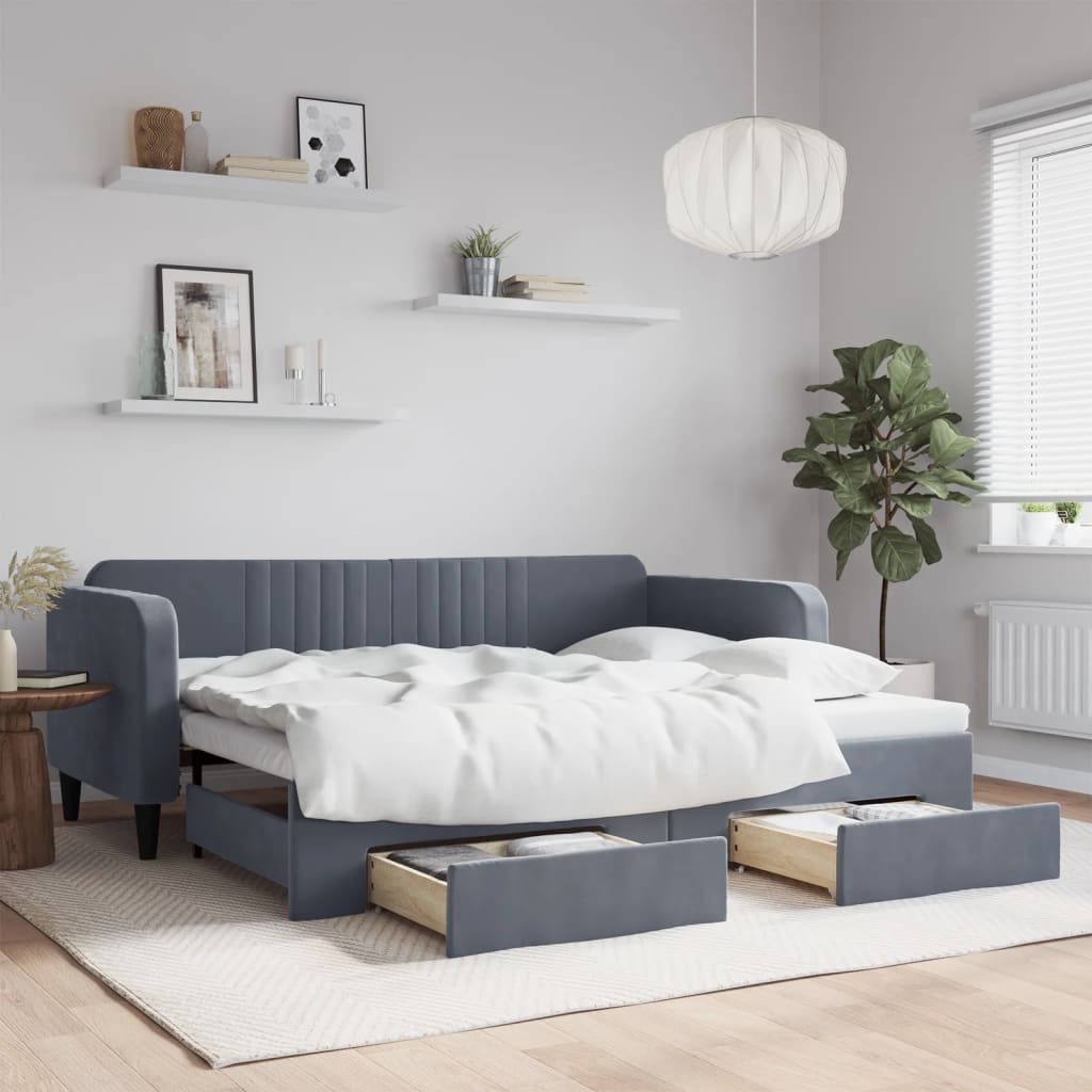 Dagbädd utdragbar med lådor mörkgrå 90x200 cm sammet