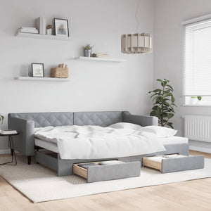 Dagbädd utdragbar med lådor ljusgrå 90x200 cm tyg