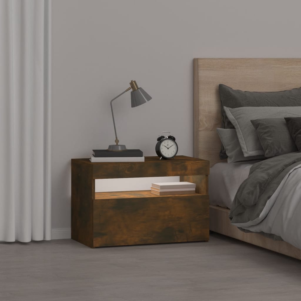 Sängbord med LED-belysning rökfärgad ek 60x35x40 cm