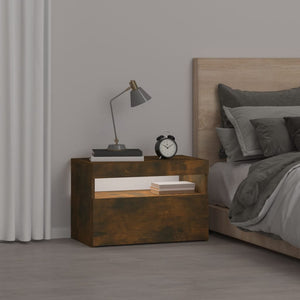 Sängbord med LED-belysning rökfärgad ek 60x35x40 cm