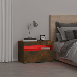 Sängbord med LED-belysning rökfärgad ek 60x35x40 cm