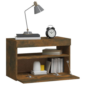 Sängbord med LED-belysning rökfärgad ek 60x35x40 cm