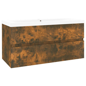 Badrumsskåp med inbyggt handfat rökfärgad ek konstruerat trä