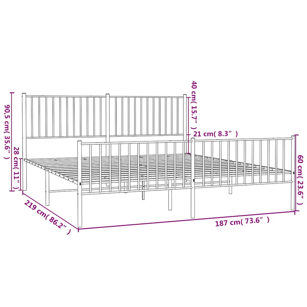 Sängram med huvudgavel och fotgavel vit metall 183x213 cm