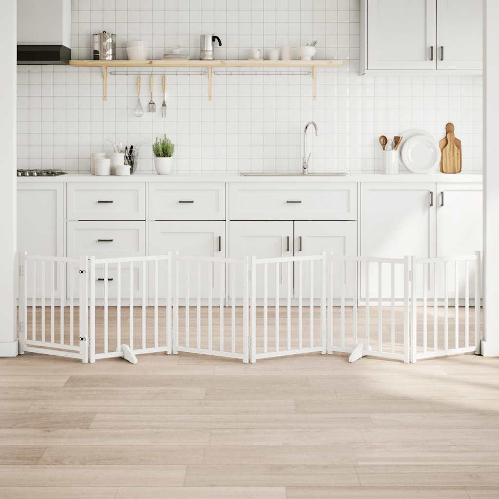 Hundgrind med dörr vikbar 6 paneler vit 300 cm massivt granträ