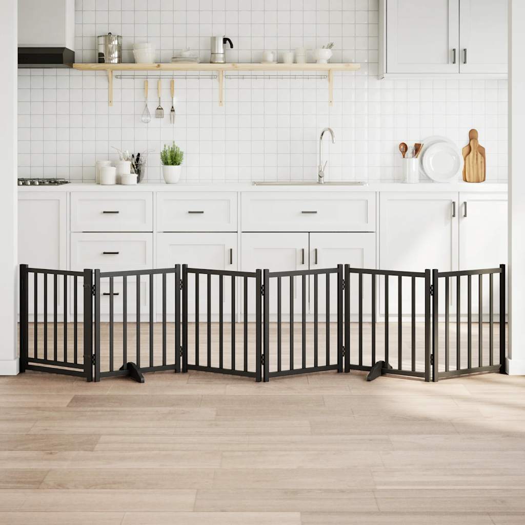Hundgrind med dörr vikbar 6 paneler svart 300cm massivt granträ