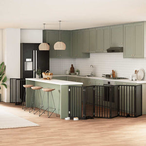 Hundgrind med dörr vikbar 9 paneler svart 450 cm poppel