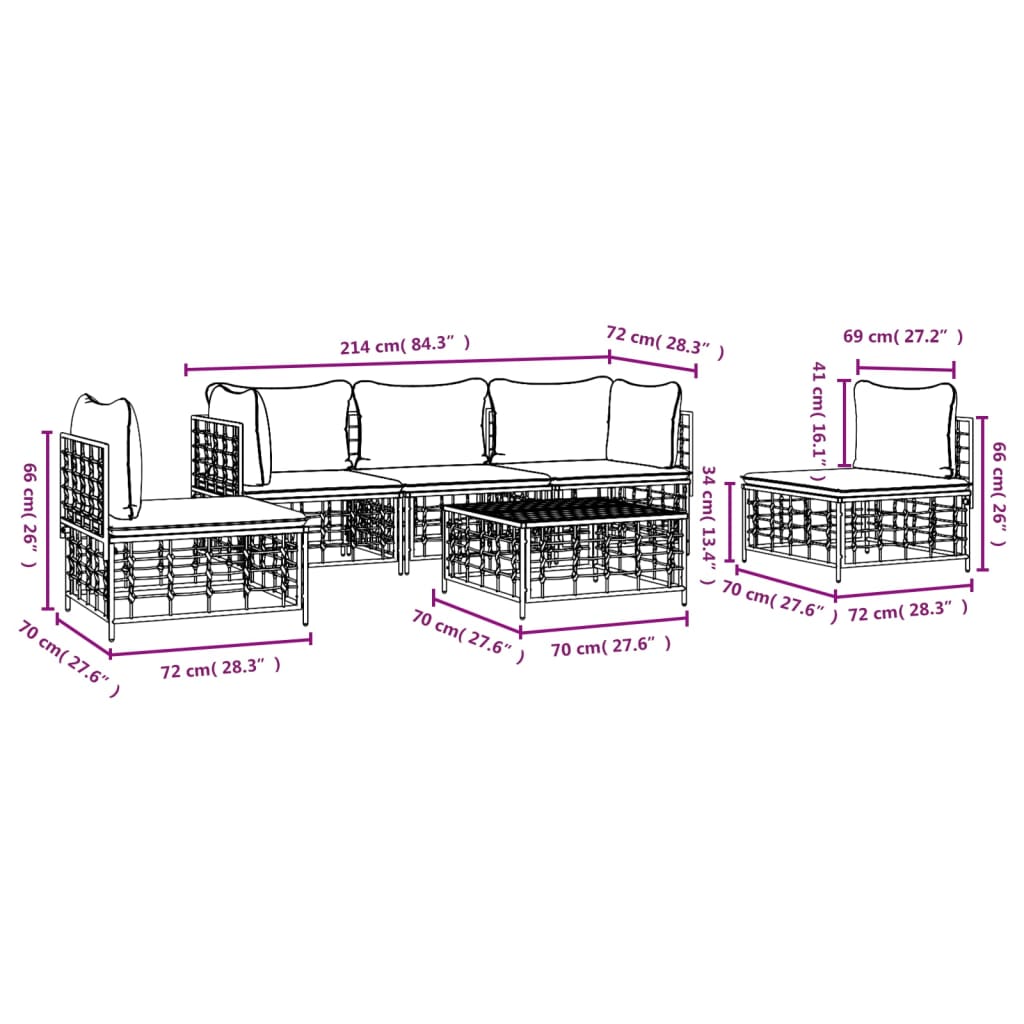 Loungegrupp 6 delar med dynor antracit konstrotting