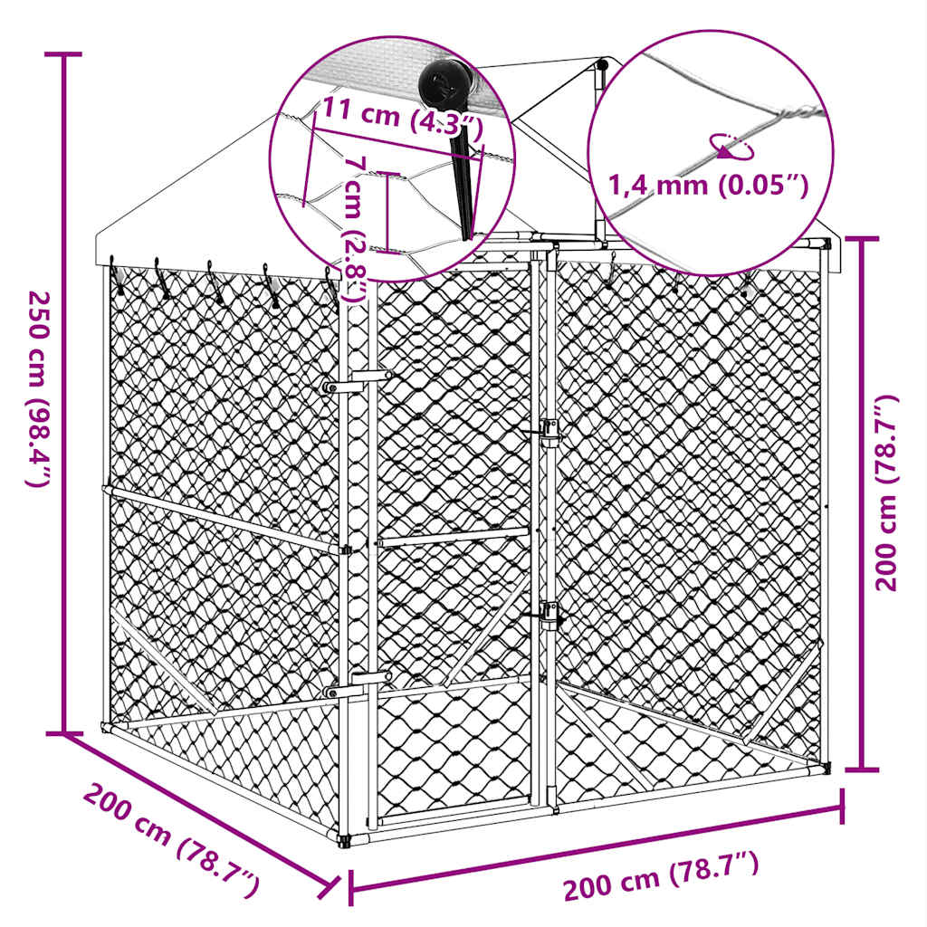 Hundgård med tak silver 2x2x2,5 m galvaniserat stål
