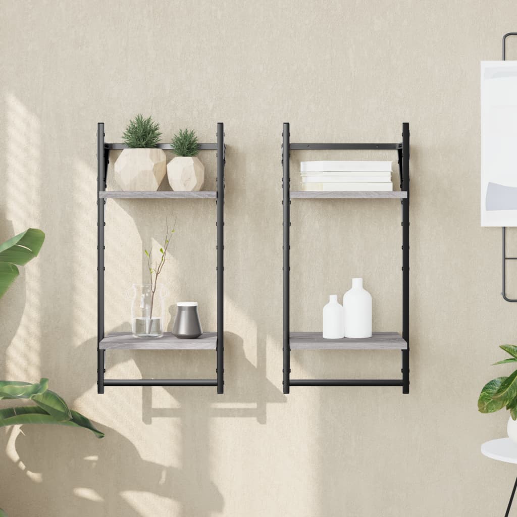 Vägghyllor 2-plan med stänger 2 st grå sonoma 30x25x65 cm