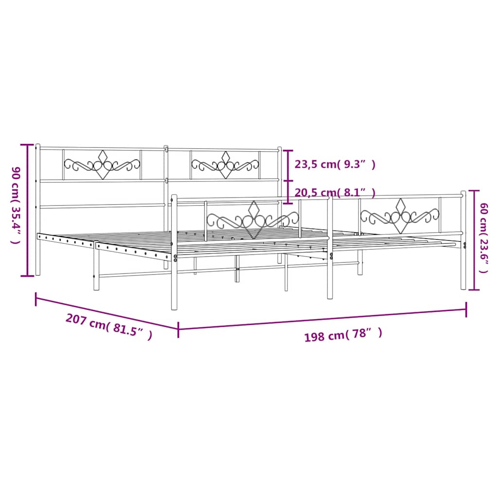Sängram med huvudgavel och fotgavel vit metall 193x203 cm