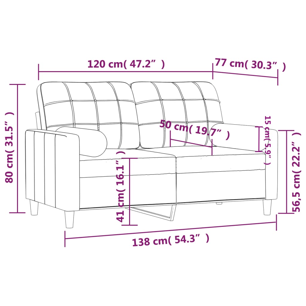 2-sits soffa med prydnadskuddar ljusgrå 120 cm tyg