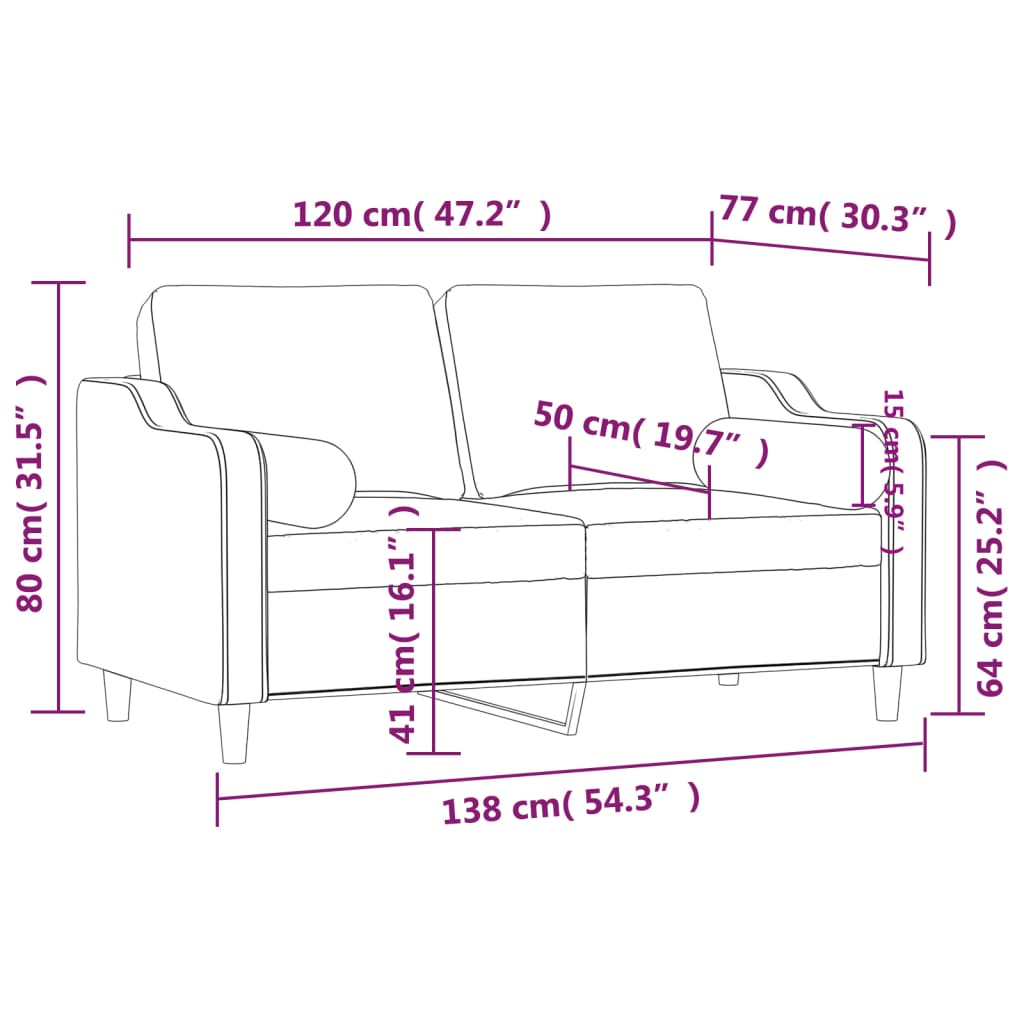 2-sits soffa med prydnadskuddar gräddvit 120 cm tyg