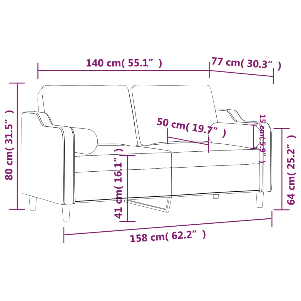 2-sits soffa med prydnadskuddar gräddvit 140 cm tyg
