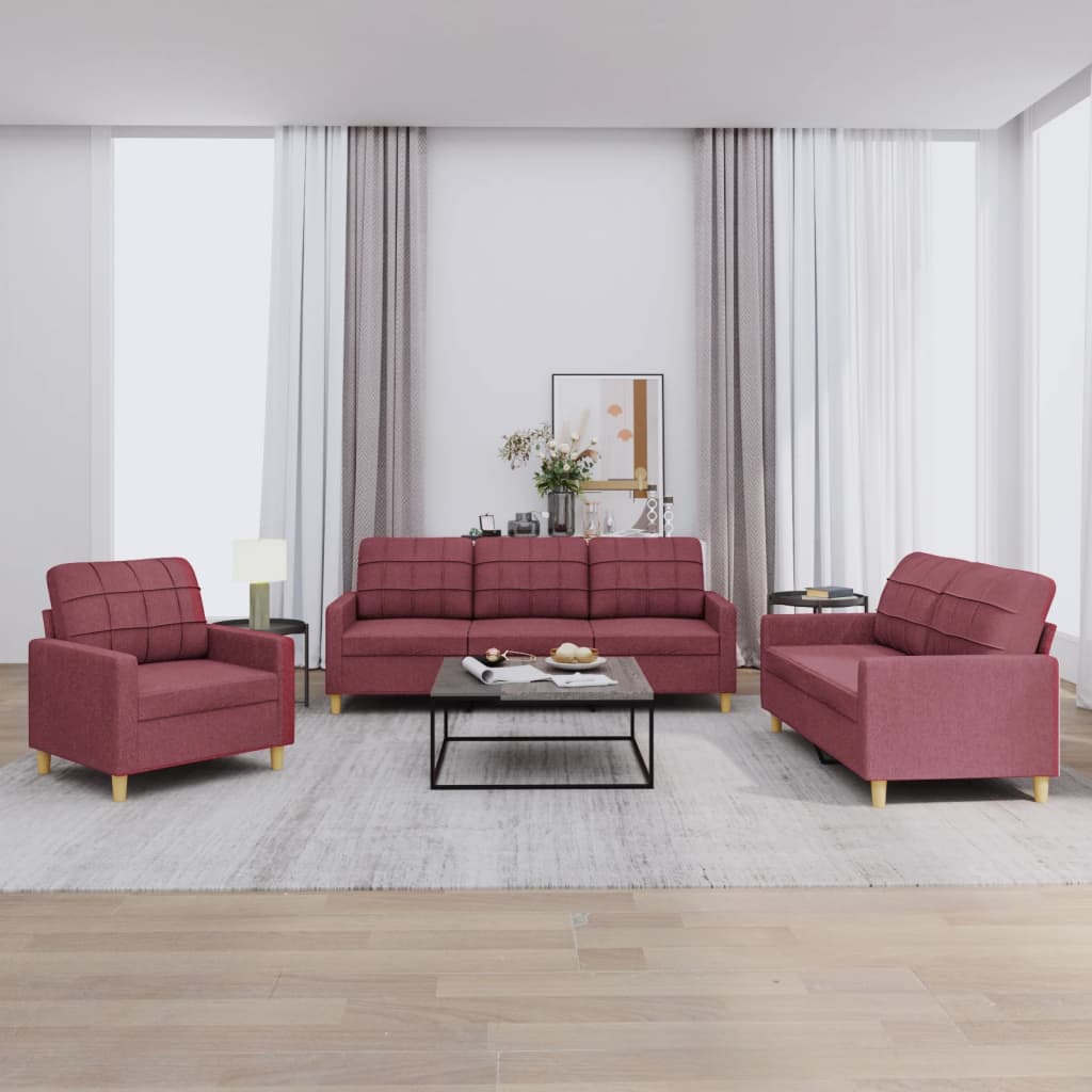 Soffgrupp med dynor 3 delar Vinröd tyg