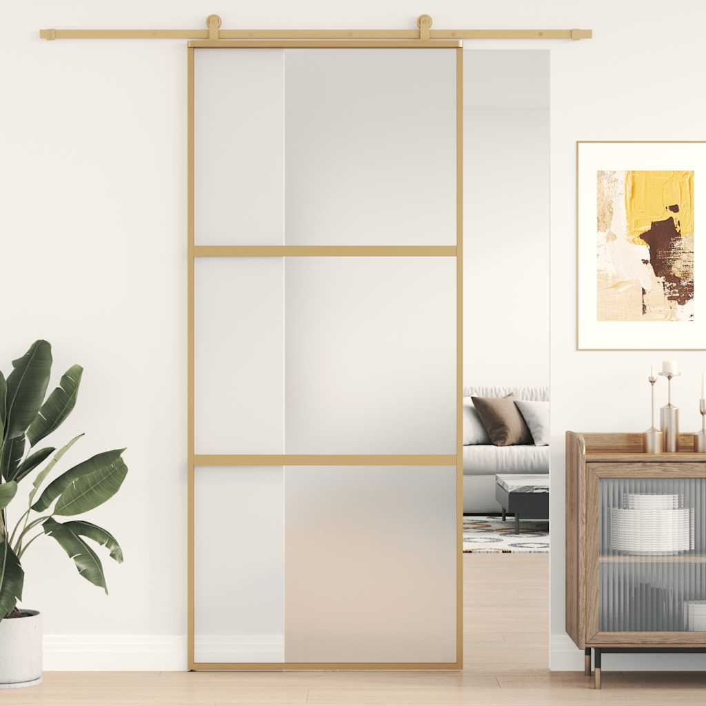 Skjutdörr guld 90x205 cm frostat ESG-glas och aluminium