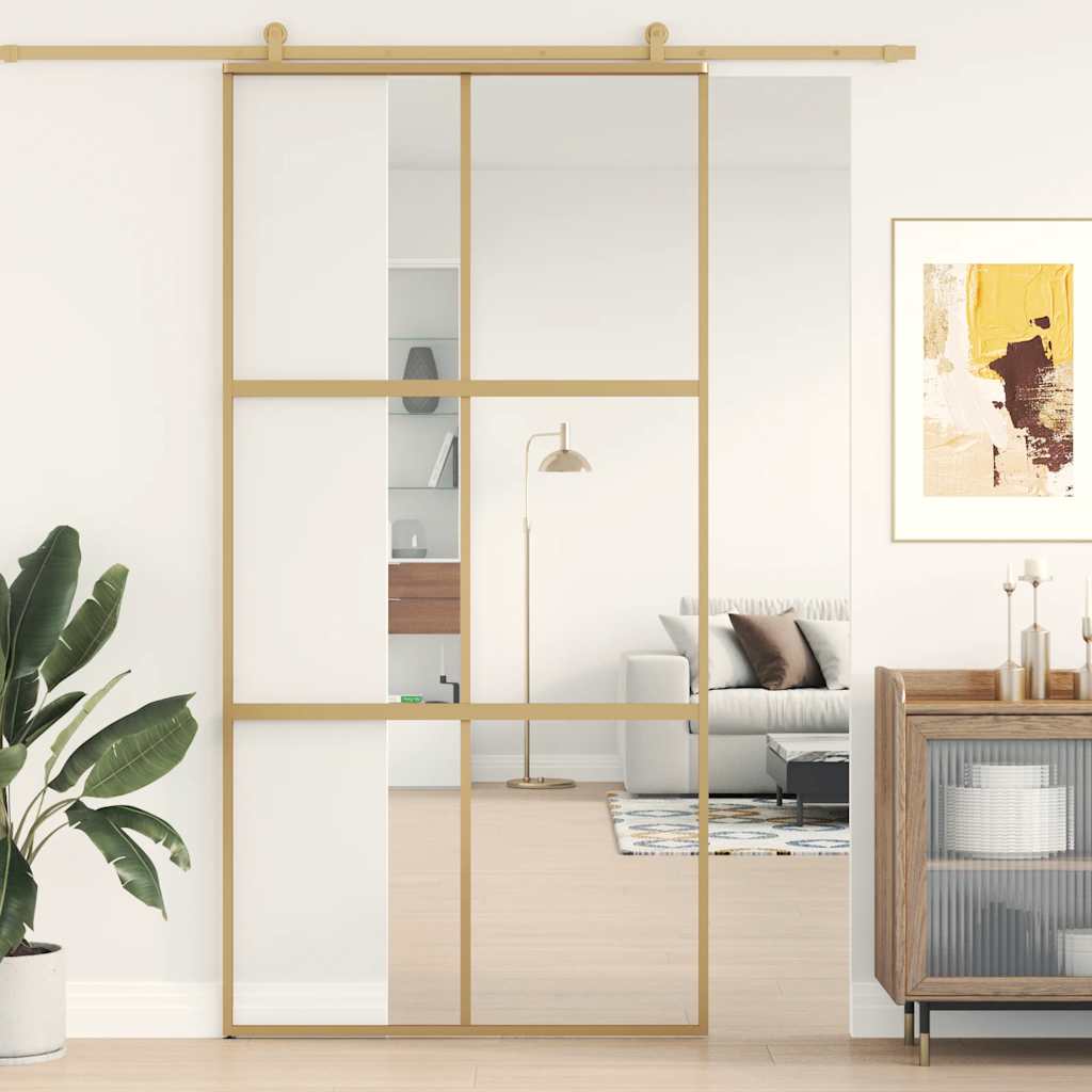 Skjutdörr guld 102,5x205 cm klart ESG-glas och aluminium