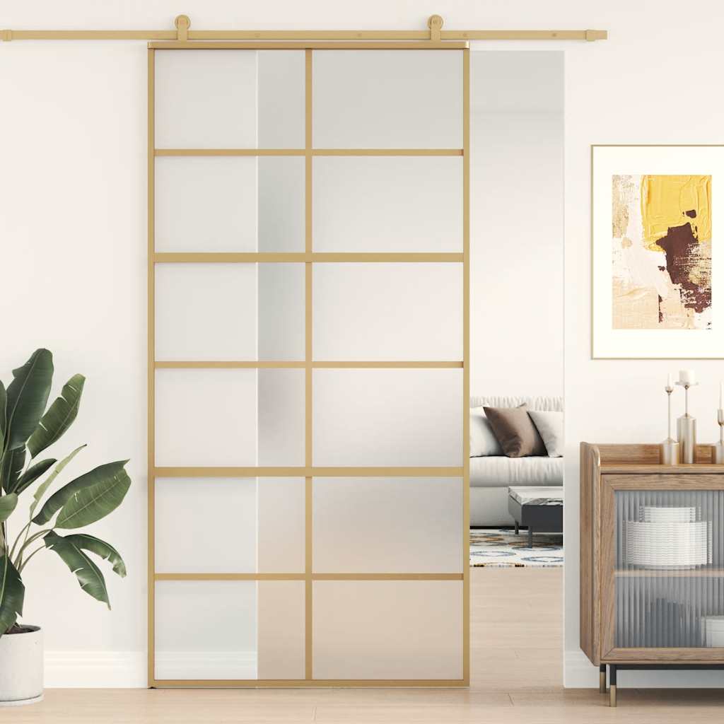 Skjutdörr guld 102,5x205 cm frostat ESG-glas och aluminium