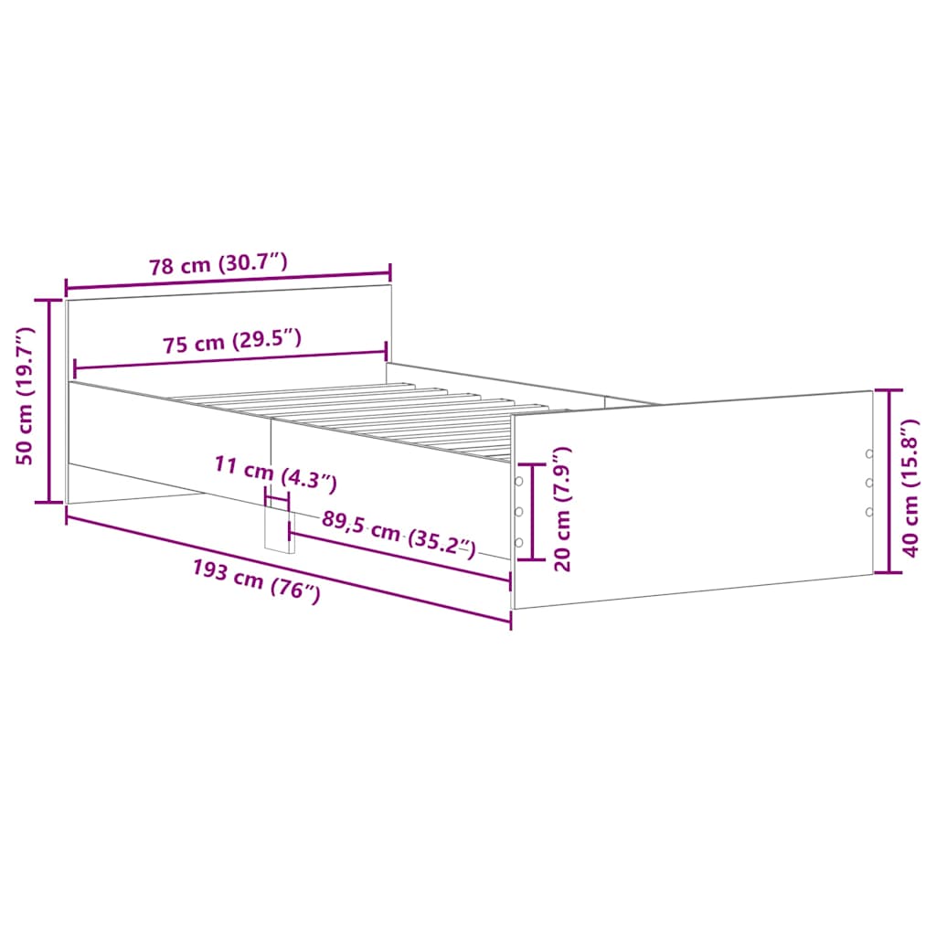 Sängram vit 75x190 cm liten enkelsäng konstruerat trä