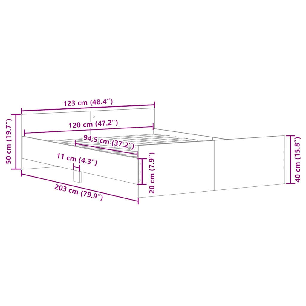 Sängram med huvudgavel och fotgavel brun ek 120x200 cm