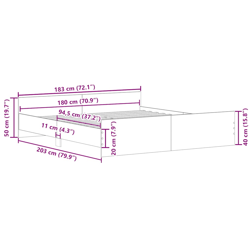 Sängram med huvudgavel och fotgavel vit 180x200 cm