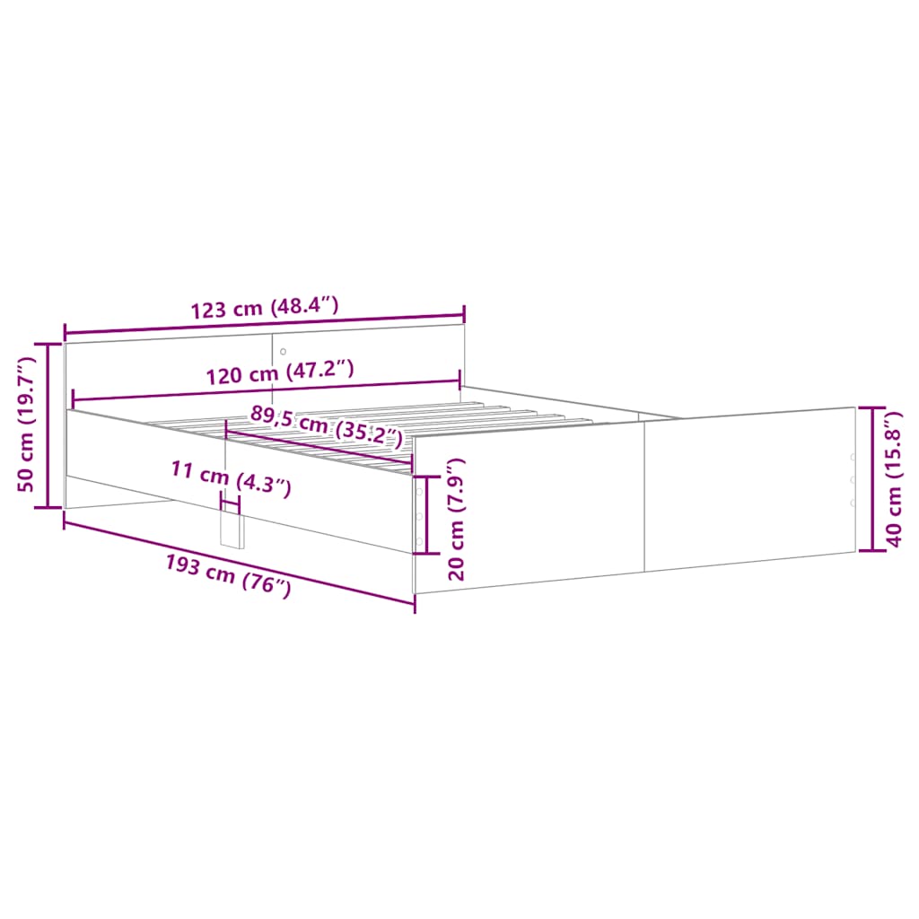 Sängram med huvudgavel och fotgavel vit 120x190 cm