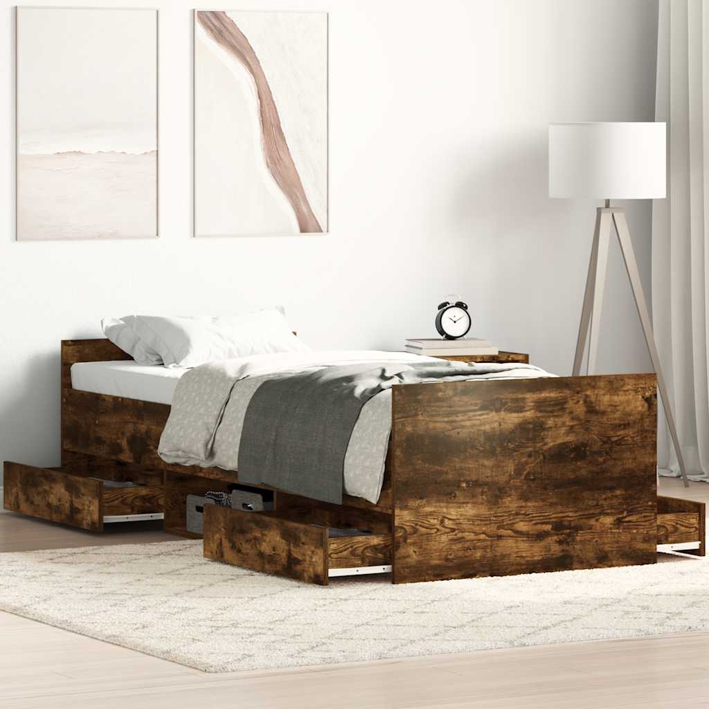 Sängram med huvudgavel och fotgavel rökfärgad ek 90x190 cm