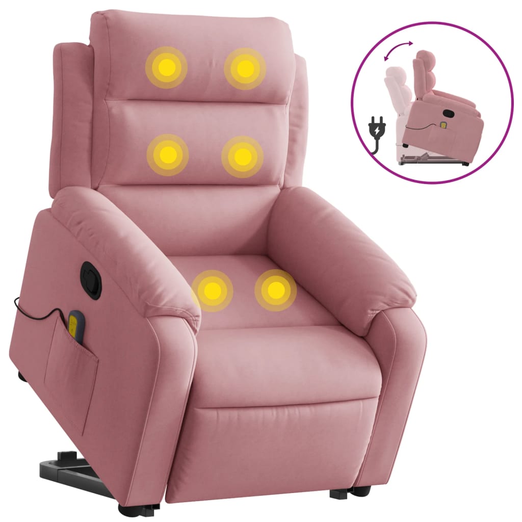 Massagefåtölj med uppresningshjälp rosa sammet