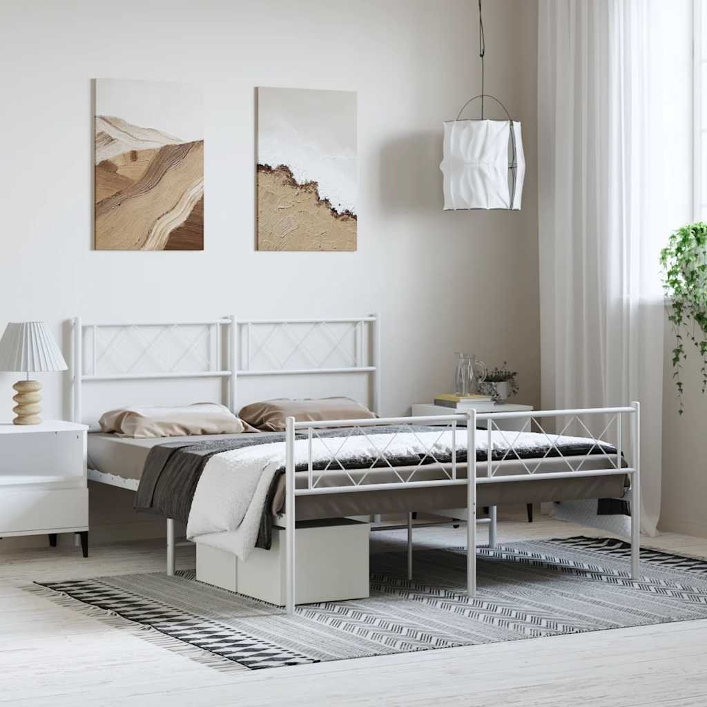 Sängram med huvudgavel och fotgavel vit metall 150x200 cm