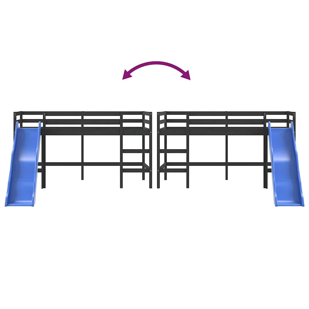 Loftsäng med stege & rutschkana svart 80x200 cm massiv furu