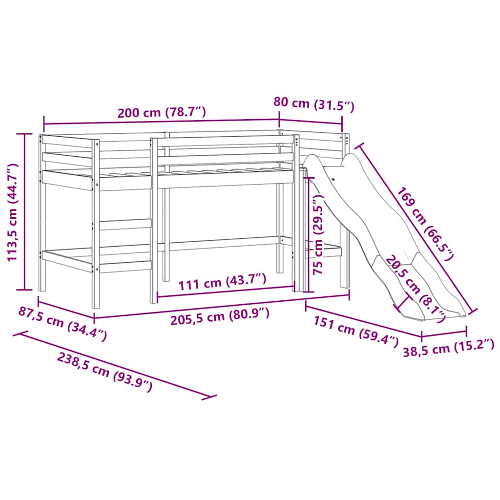 Loftsäng med stege & rutschkana svart 80x200 cm massiv furu
