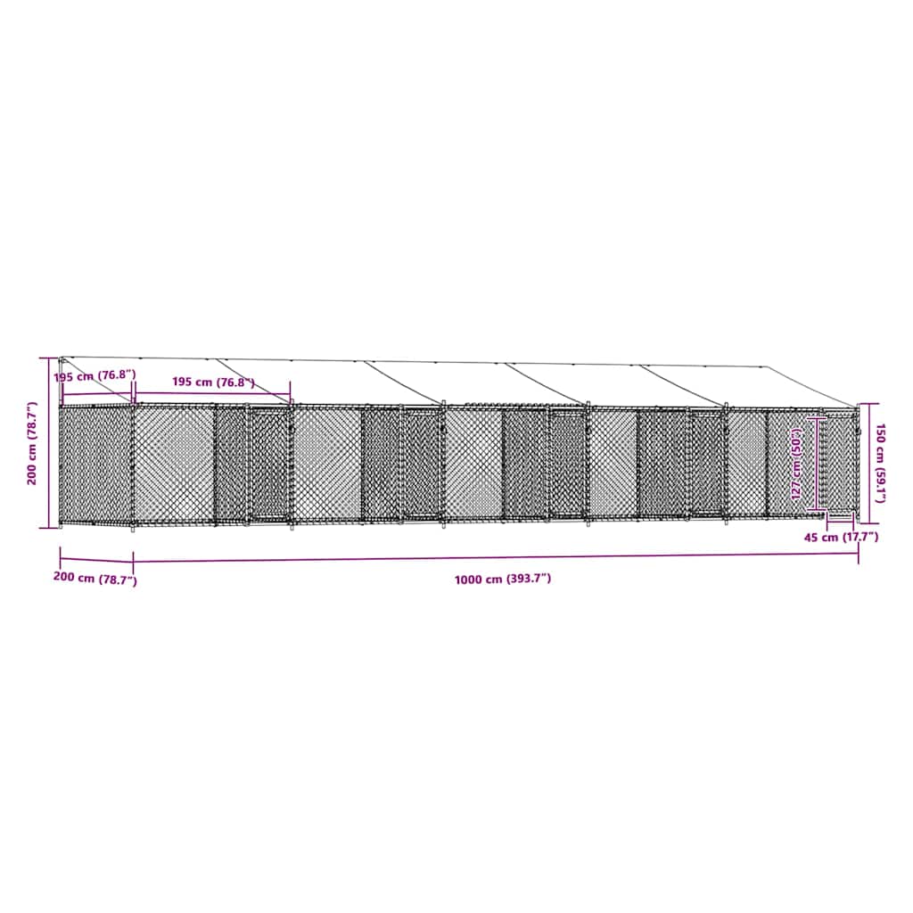Hundgård med tak och dörrar grå 10x2x2 cm galvaniserat stål