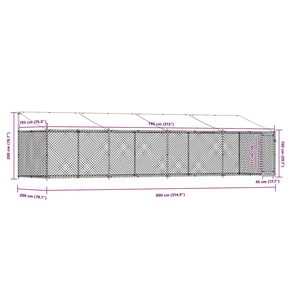 Hundgård med tak och dörr grå 8x2x2 cm galvaniserat stål