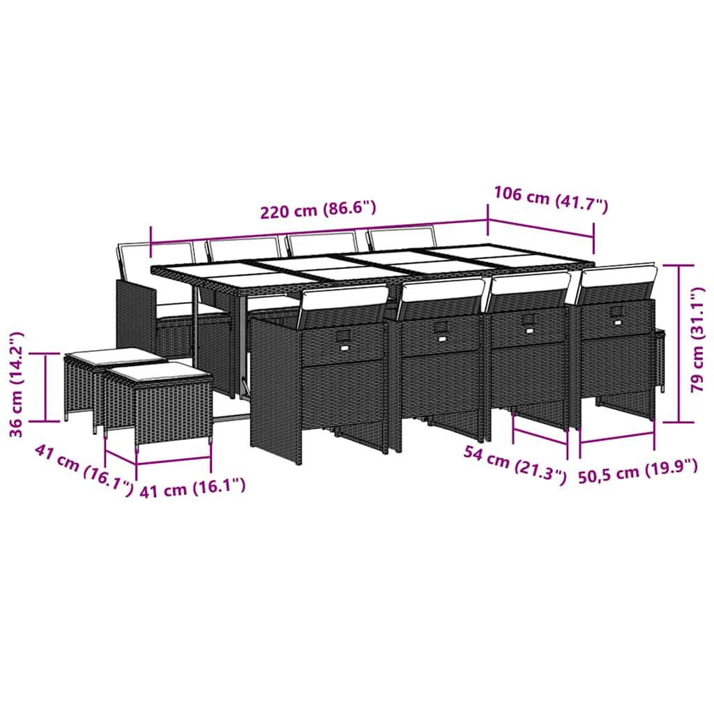 Matgrupp för trädgården med dynor 13 delar svart konstrotting