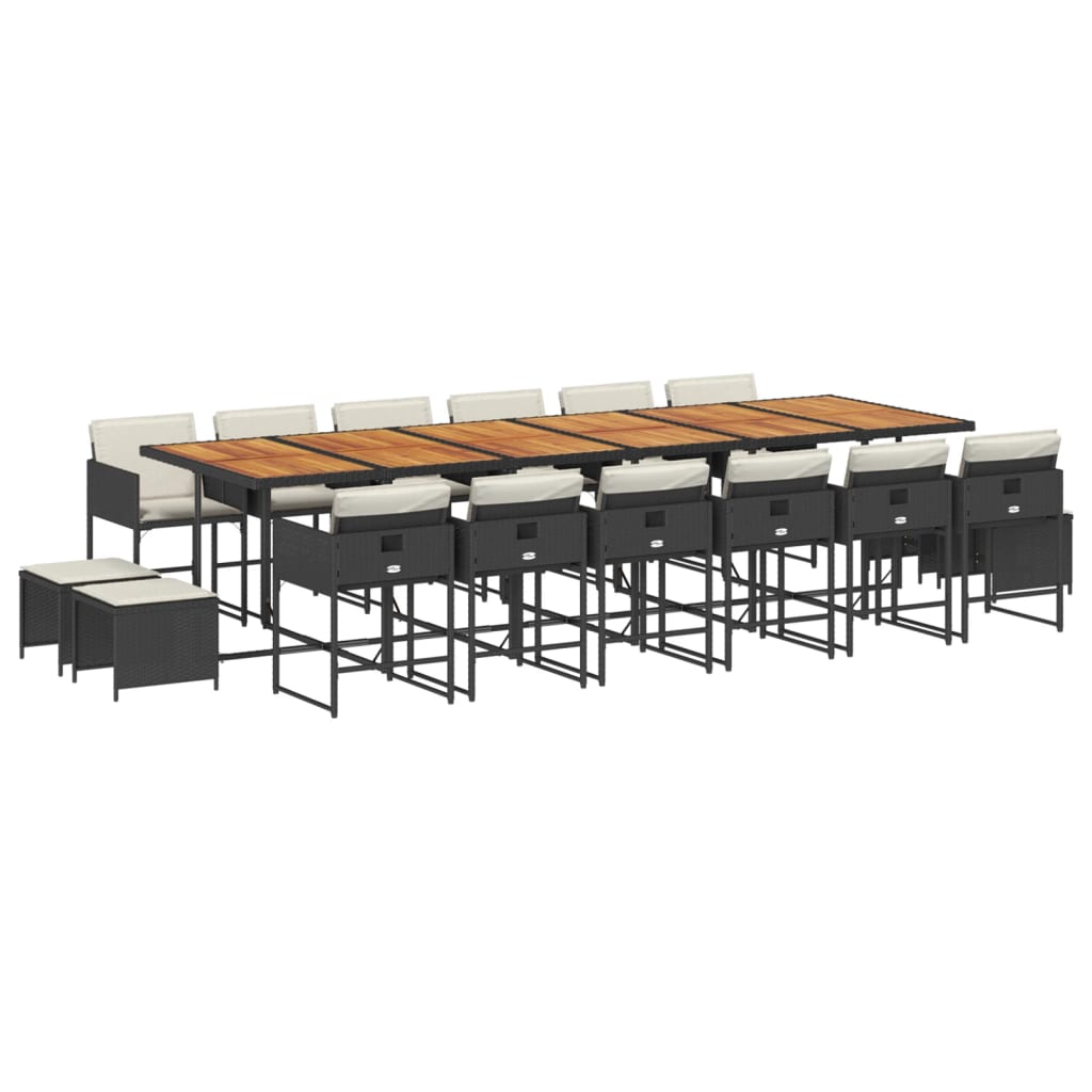 Matgrupp för trädgården med dynor 17 delar konstrotting svart