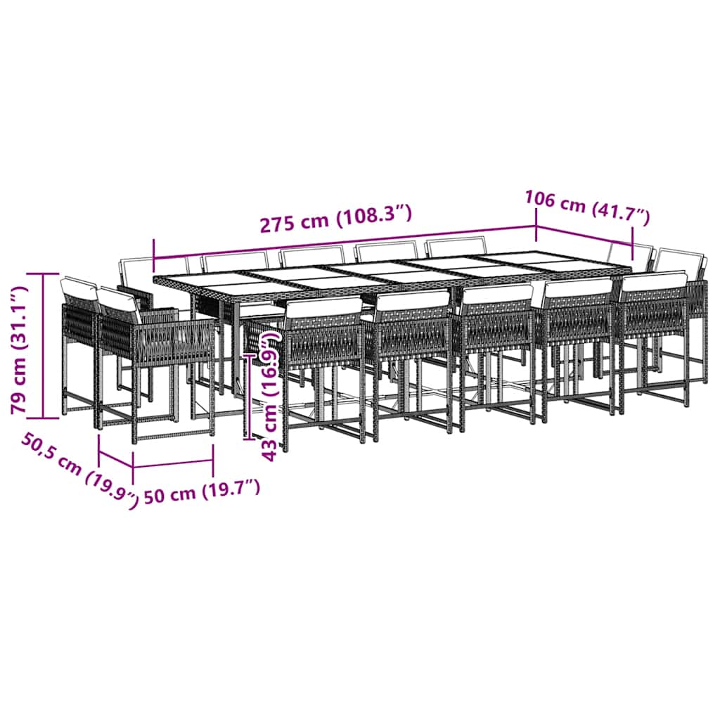 Matgrupp för trädgården med dynor 15 delar svart konstrotting