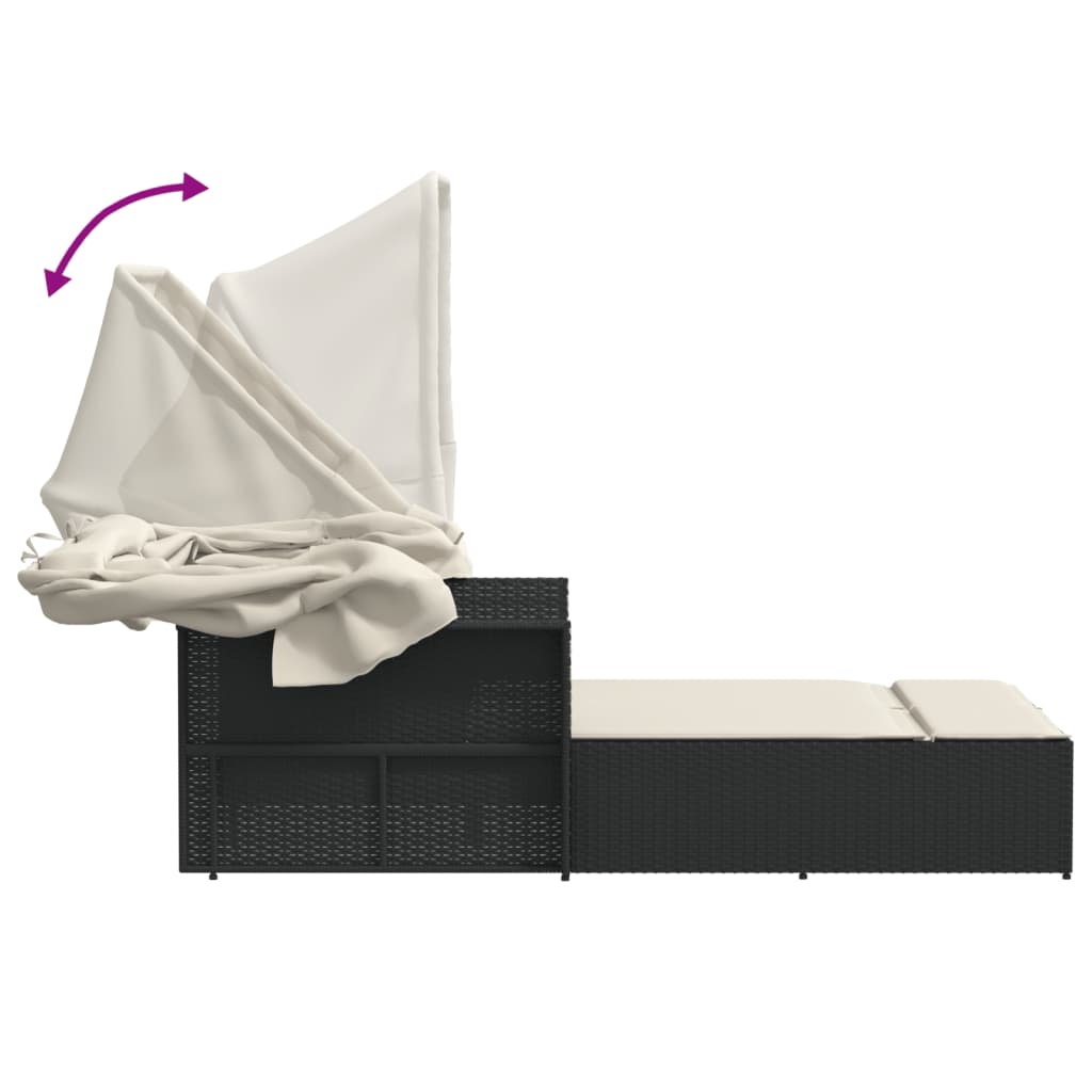 Dubbel solsäng med tak och dynor svart konstrotting