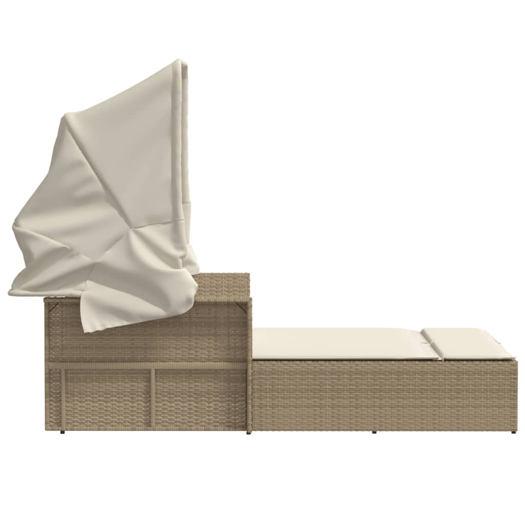 Dubbel solsäng med tak och dynor beige konstrotting