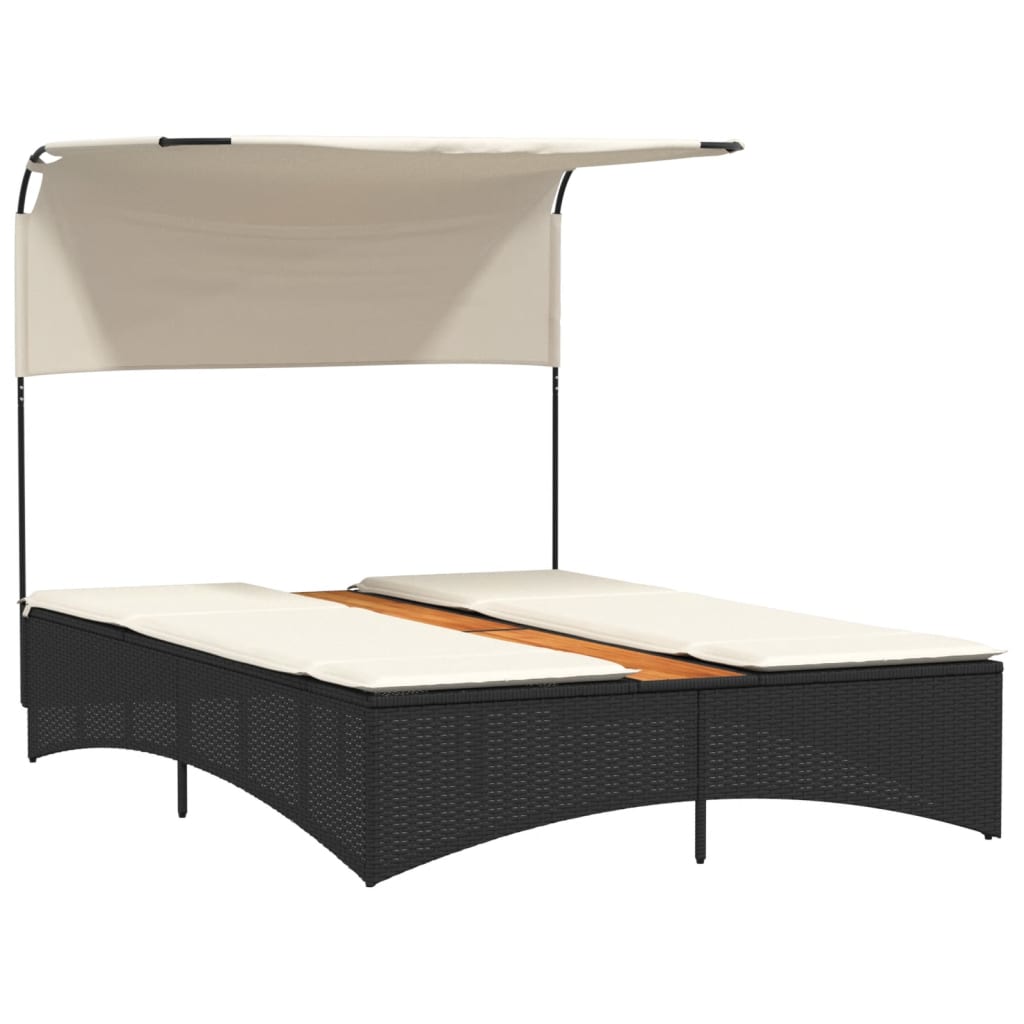 Dubbel solsäng med tak och dynor svart konstrotting