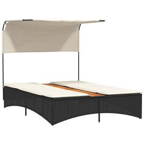 Dubbel solsäng med tak och dynor svart konstrotting