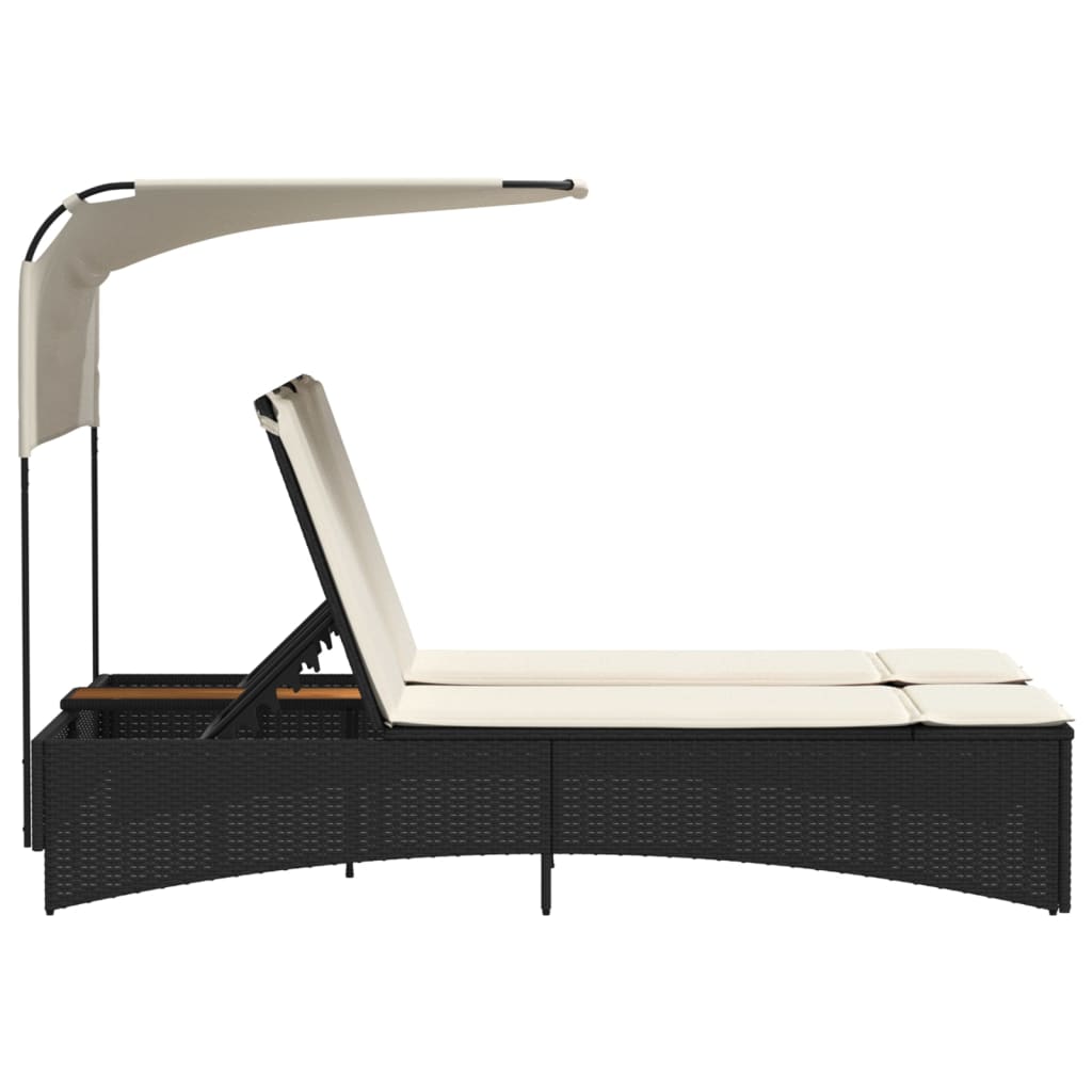 Dubbel solsäng med tak och dynor svart konstrotting